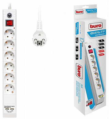 Сетевой фильтр Buro BU-SP1.8_USB_2A-W 1.8м (6 розеток) белый